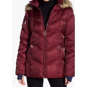 Nautica Womens Faux Fur Trim Hooded Puffer Coat Rosewood Size Large $195